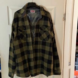 Army green and black wrangler lumberjack